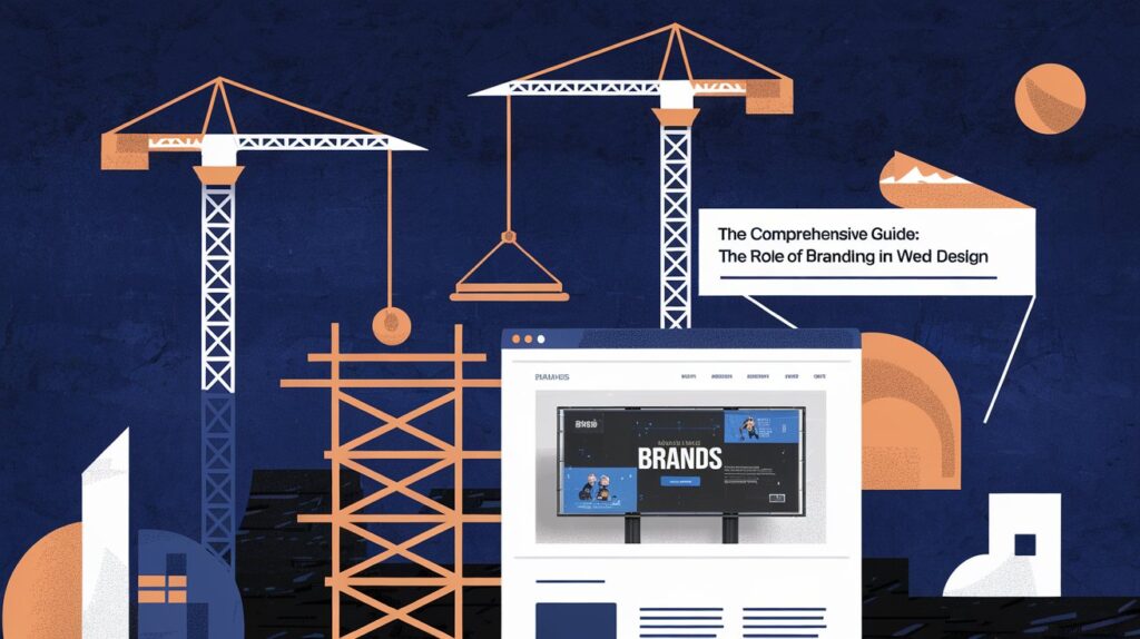 A deep blue background with an abstract illustration of cranes, a scaffolding, a computer screen showing a website with a billboard about 'brands', and a headpiece with the text "The Comprehensive Guide: The Role of Branding in Web Design".