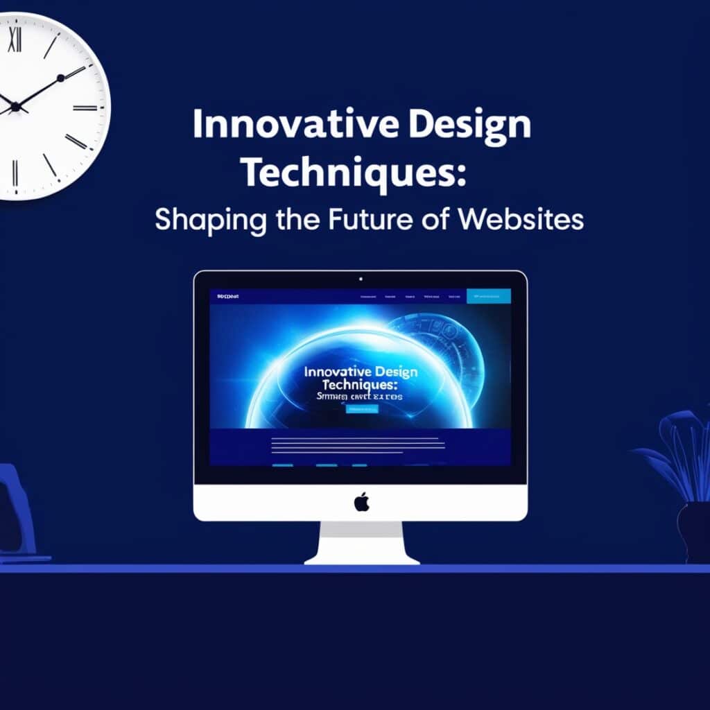 A deep blue background with a clock. There is a computer screen showing a website with a futuristic imagary. There is a headpiece with the exact text "Innovative Design Techniques: Shaping the Future of Websites".