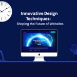 A deep blue background with a clock. There is a computer screen showing a website with a futuristic imagary. There is a headpiece with the exact text "Innovative Design Techniques: Shaping the Future of Websites".