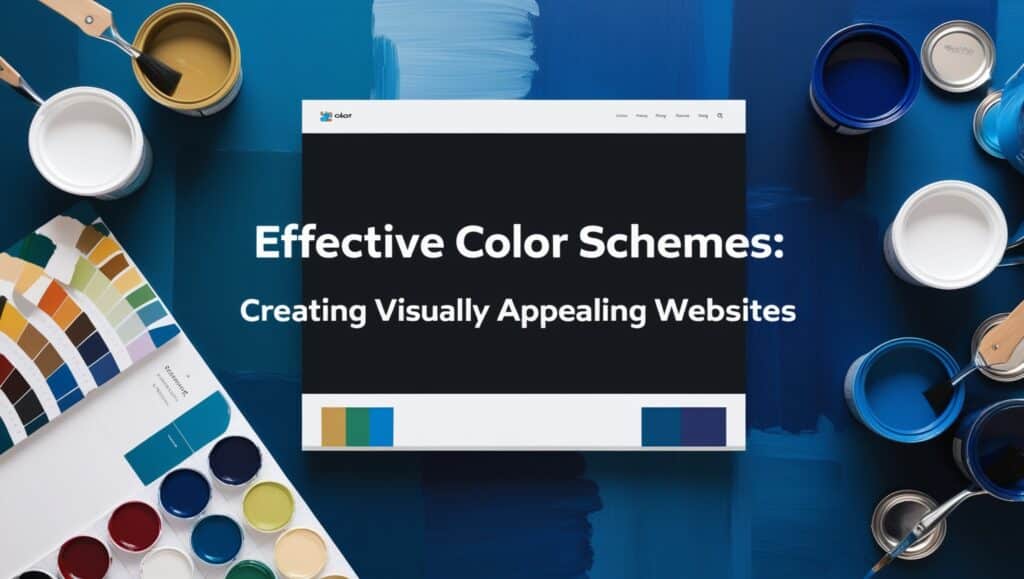 A variety of deep blue's background with paint pots and a colour palette board, all around a website . There is a title/headline with the exact text "Effective Color Schemes: Creating Visually Appealing Websites.