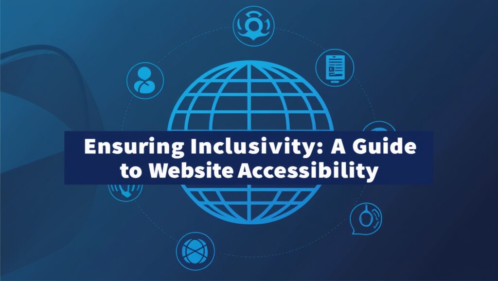 A variety of deep blue's background with accesssibility symbolism around an internet or globe symbology . There is a title/headline with the exact text "Ensuring Inclusivity: A Guide to Website Accessibility".